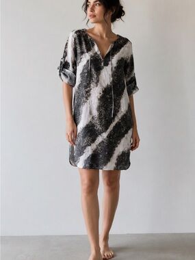Maria Solé Linen Shift Dress Abstract Print Tie Neck Dolman Sleeve S